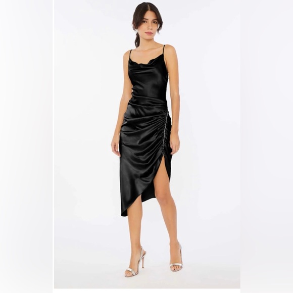 Cinq a sept black silk Emilia rhinestone ruched slip evening formal dress NWT 2 - Picture 3 of 7